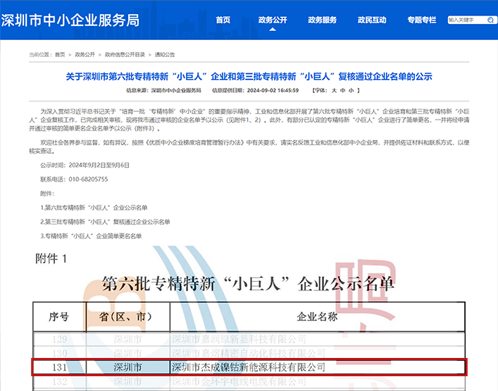 【会员喜报】杰成新能源荣获国家级专精特新“小巨人”企业称号(图1)